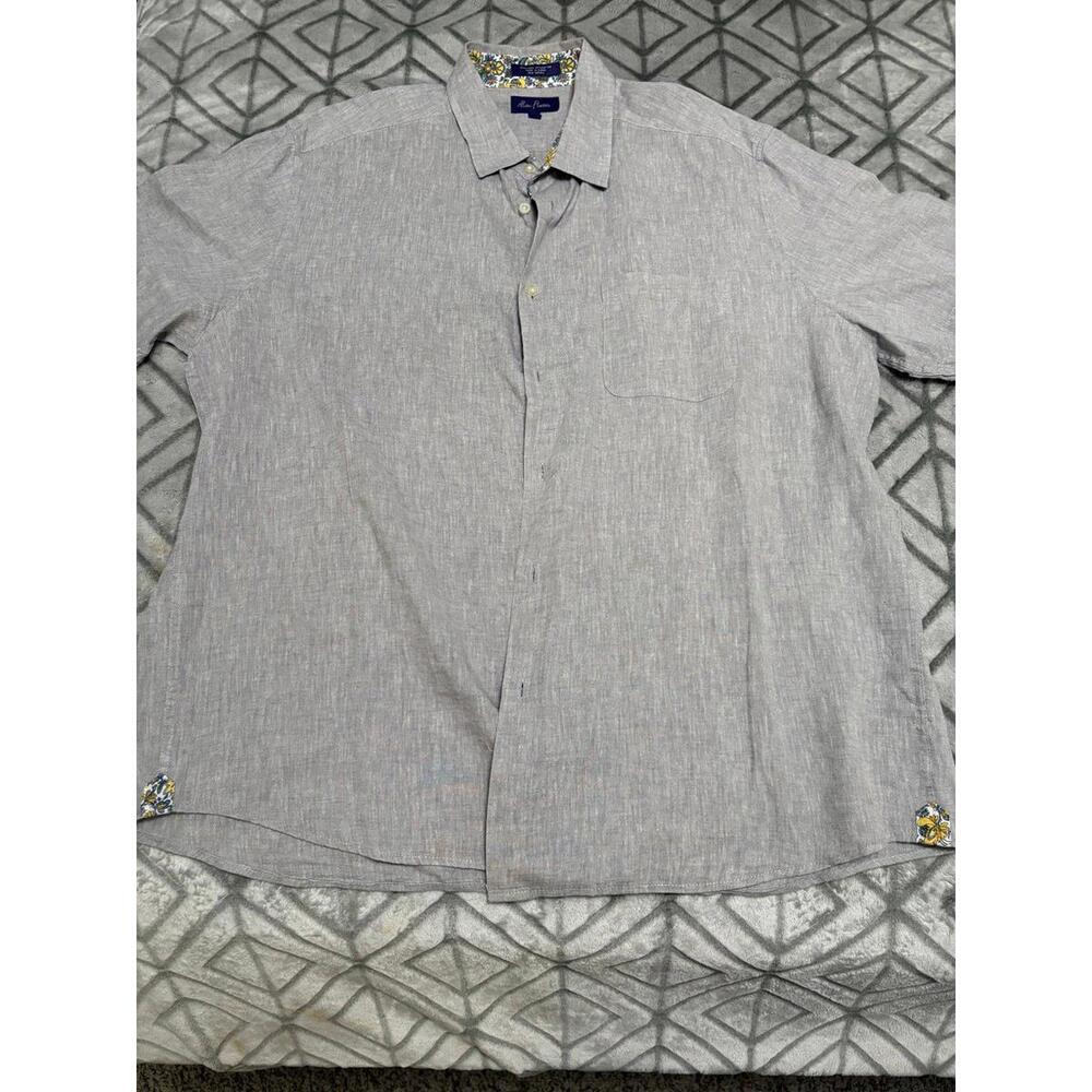 Alan Flusser Linen/Cotton Button Down Shirt Mens XXL  Solid Gray Short Sleeve